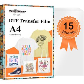 TECKWRAP DTF Transfer Film - 15 Sheets A4 8.3" x 11.7" Matte PET DTF Film Heat Transfer Paper for Direct-to-Film Print on T-Shirts Textile Work with DTF Printers,Sublimation Hack, Epson Printer