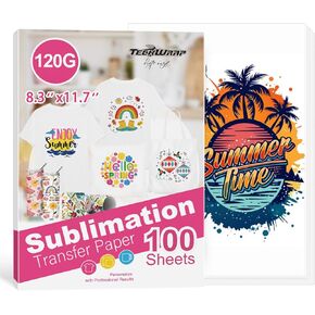 TECKWRAP ورق التسامي 8.3 × 11.7 بوصة 100 ورقة 120 جرامًا للمتر المربع تعمل مع طابعة التسامي وحبر التسامي، ورق نقل الحرارة للأكواب المطلية، البهلوانات، قمصان البوليستر، قماش خفيف