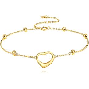 14K Real Gold Hearts Beaded Bracelets for Women,Yellow Gold Love Bracelet Hearts Jewerly Gifts for Birthday Christmas 7+2 inch