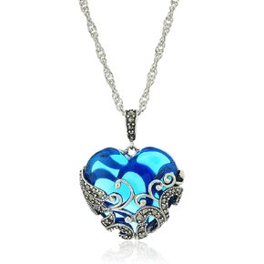Amazon Collection Marcasite and Colored Glass Heart Pendant Necklace with Chain in Oxidized Sterling Silver