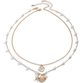COLORFUL BLING Bohemian Puka Shell Necklace Layered Sequins Starfish Conch Seashell Choker Necklaces for Women Summer Beach Holiday Beach Surfer Jewelry