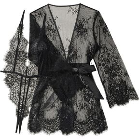 SOLY HUX Women's Lace Sheer Lingerie Teddy Bodysuit Babydoll with Belted Robes