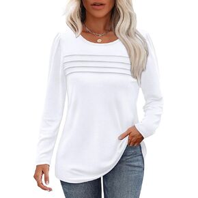 OFEEFAN Long Sleeve Shirts for Women Fall Fashion 2024 Dressy Casual Blouses Trendy Pleated Tunic Tops for Leggings