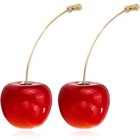 ANDPAI 18K Gold Plated Fruit Earring 3D Green Leaf Red Cherry Charm Tassel Dangle Drop Stud Earrings for Women Girls
