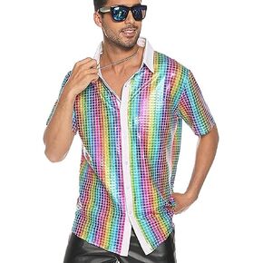 Mens 70s Disco Shirt Sequins Shiny Prom Costume Short Sleeve Button Shirts for Nightclub Party