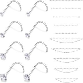 Chain Nose Rings Piercings Corkscrew Studs for Women Men 20g 18g Surgical Steel Screw Double Across Chains Hypoallergenic Nostril Jewelry
