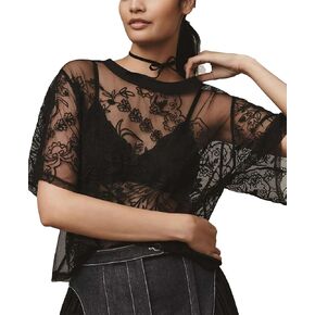 Women's Sexy Mesh Tops Short Sleeve Round Neck Lace 3D Printed Floral Sheer Blouse See Through Layering Shirt Tops