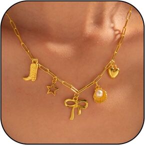 HUASAI Charm Necklace for Women Dainty Gold Paperclip Chain Necklace Trendy Flower Starfish Bow Beach Charm Necklace Summer Jewelry Outfits for Women 2024