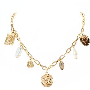Gold Charm Necklace for Women White Pearl Choker Necklace Head Portrait Square Pendant Necklace Boho Charm Necklace Beach Necklace Jewelry for Women