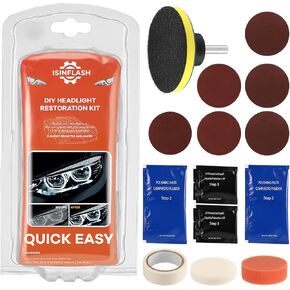 Headlight Restoration Kit, Polish Restore Cleaner Clean Tool DIY Polishing, Sanding Discs, Scouring Pads for Electric Drill, 3 Easy Steps to Restore Sun Damaged Car Headlights Lens