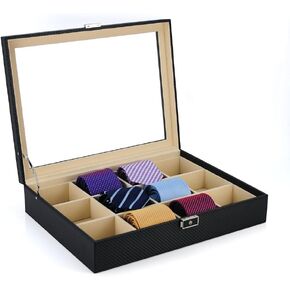 Tie Display Case for 12 Ties, Belts, and Men's Accessories Black Carbon Fiber Storage Box Father's Day