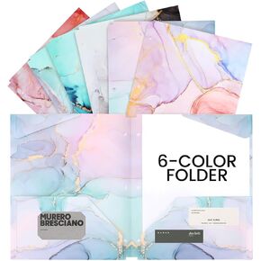 Ddaowanx 6pcs Folders with Pockets, 3 Hole Punched Heavy Duty Binders Folders for 3 Ring Binder,Cute Marble Colors Pocket Folders for School Office (6)