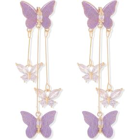 Butterfly Earrings for Women Sparkle Purple Butterfly Earrings Crystal Butterfly Tassel Earrings Purple Earrings Jewelry for Singer Fans Costume Outfits Gifts