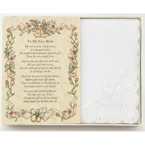 Wedding Handkerchief Poetry Hankie (Groom’s Mother to Bride) White, Lace Embroidered Bridal Keepsake, Beautiful Poem Card | Long-Lasting Memento for The Bride | Includes Gift Storage Box