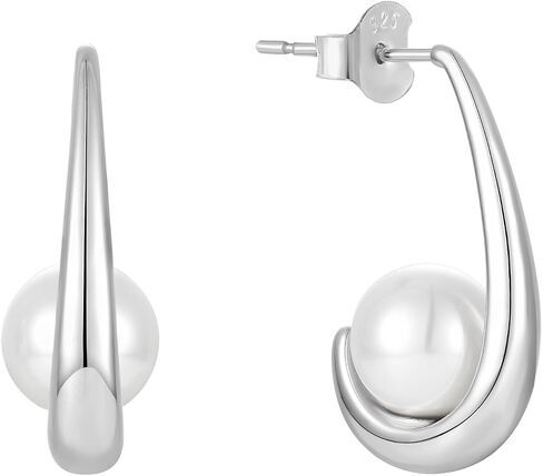 925 Sterling Silver Hoop Earrings, White Freshwater Cultured Pearl Dangle Drop Earrings Cubic Zirconia Jewelry for Women in Saudi Arabia