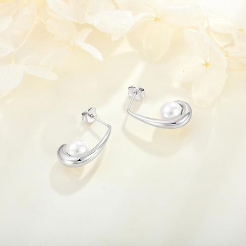 925 Sterling Silver Hoop Earrings, White Freshwater Cultured Pearl Dangle Drop Earrings Cubic Zirconia Jewelry for Women in Saudi Arabia