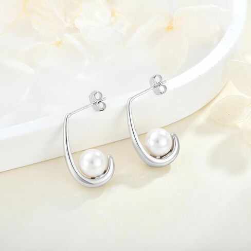 925 Sterling Silver Hoop Earrings, White Freshwater Cultured Pearl Dangle Drop Earrings Cubic Zirconia Jewelry for Women in Saudi Arabia
