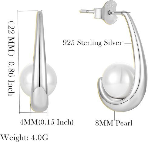 925 Sterling Silver Hoop Earrings, White Freshwater Cultured Pearl Dangle Drop Earrings Cubic Zirconia Jewelry for Women in Saudi Arabia