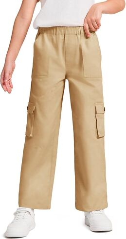 Haloumoning Girls Cargo Pants High Elastic Waist Kids Straight Leg Twill Trousers with Pockets 5-14 Years in Saudi Arabia