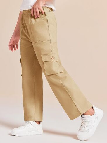 Haloumoning Girls Cargo Pants High Elastic Waist Kids Straight Leg Twill Trousers with Pockets 5-14 Years in Saudi Arabia