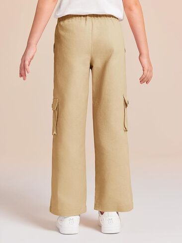 Haloumoning Girls Cargo Pants High Elastic Waist Kids Straight Leg Twill Trousers with Pockets 5-14 Years in Saudi Arabia