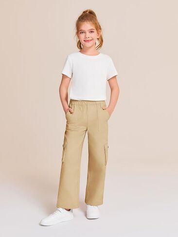 Haloumoning Girls Cargo Pants High Elastic Waist Kids Straight Leg Twill Trousers with Pockets 5-14 Years in Saudi Arabia