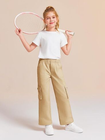 Haloumoning Girls Cargo Pants High Elastic Waist Kids Straight Leg Twill Trousers with Pockets 5-14 Years in Saudi Arabia