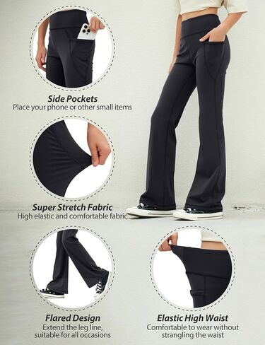 Girl's Flare Leggings with Pockets High Waisted Yoga Pants Kids Dance Pants Bootcut Pants Activewear for Teens in Saudi Arabia