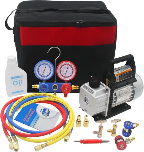 YaeTek 3CFM 1/4 HP مضخة تفريغ هواء دوارة بمرحلة واحدة HVAC R134a R12 R22 R410a A/C مجموعة قياس متعددة للتبريد مع حقيبة أدوات وملحقات in Kuwait