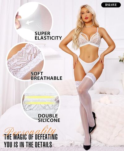 RSLOVE Women Lace Top Thigh High Stockings - Semi Sheer Stay Up Pantyhose with Antiskid Silicone Hold Up Sexy Silky Lingerie in Saudi Arabia