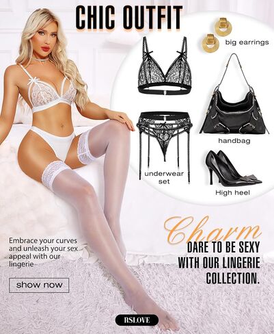 RSLOVE Women Lace Top Thigh High Stockings - Semi Sheer Stay Up Pantyhose with Antiskid Silicone Hold Up Sexy Silky Lingerie in Saudi Arabia