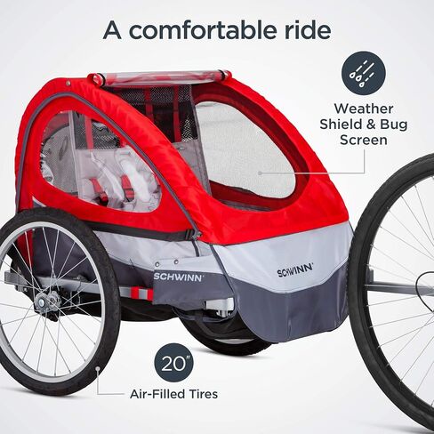 Schwinn Joyrider Echo and Trailblazer Child Bike Trailer, Single and Double Seat Baby Carrier Options, Canopy, 16 or 20-Inch Air-Filled Tires, with Bug Screen & Weather Shield, Bike Attachment in Kuwait