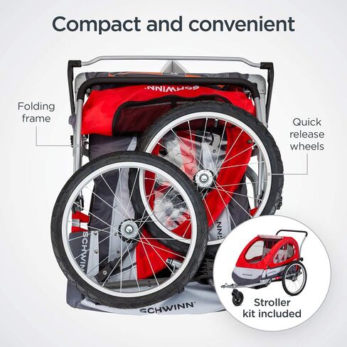 Schwinn Joyrider Echo and Trailblazer Child Bike Trailer, Single and Double Seat Baby Carrier Options, Canopy, 16 or 20-Inch Air-Filled Tires, with Bug Screen & Weather Shield, Bike Attachment in Kuwait