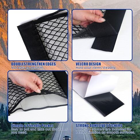 4 Pack Mesh Cargo Net for Car Trunk Storage, Elastic Automotive Cargo Net Pocket Wall Sticker Organizer Pouch Bag for Car backseat, trunk, with Tape Stickers Storage, Closet Organize 9.8 * 15.7 in in Saudi Arabia