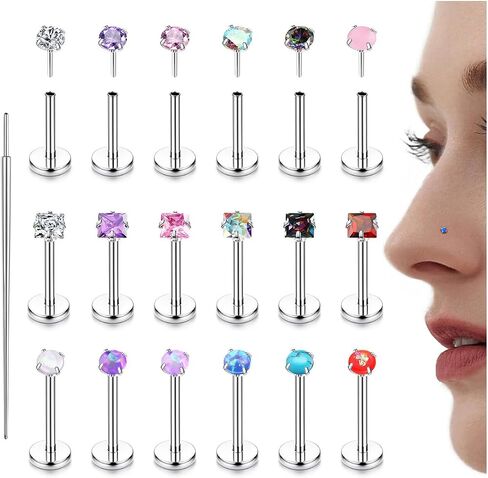 LOLIAS 18PCS Threadless Nose Rings Studs for Women Men 20G 18G 16G Hypoallergenic Surgical Stainless Steel Labret Lip Rings CZ Opal Push in Earrings Flat Back Nose Stud Cartilage Nostril Conch Helix Tragus Piercing Jewelry in Saudi Arabia