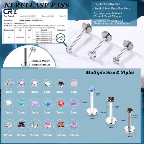 LOLIAS 18PCS Threadless Nose Rings Studs for Women Men 20G 18G 16G Hypoallergenic Surgical Stainless Steel Labret Lip Rings CZ Opal Push in Earrings Flat Back Nose Stud Cartilage Nostril Conch Helix Tragus Piercing Jewelry in Saudi Arabia