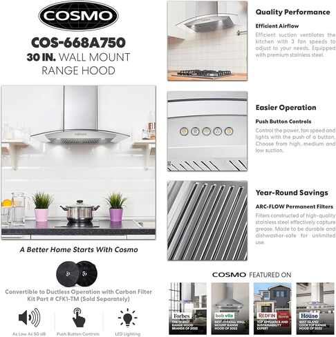 COSMO COS-668AS750 30 بوصة. شفاط يثبت على الحائط مع 380 CFM، زجاج منحني، أنبوبي قابل للتحويل بدون قنوات (تحتاج إلى مرشحات إضافية، غير متضمنة)، 3 سرعات، مرشحات دائمة من الفولاذ المقاوم للصدأ in Kuwait