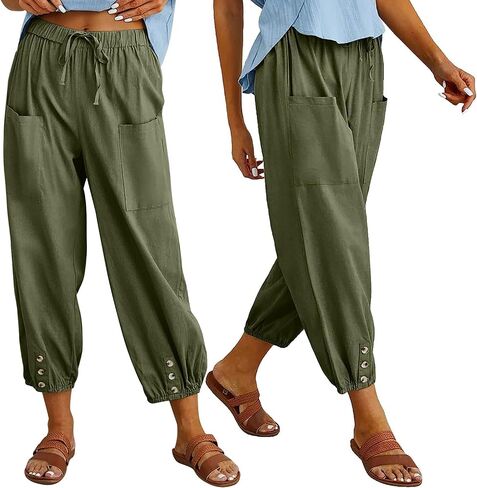Women's High Waist Style Loose Pants Drawstring Capri Pants with Pockets Wide Leg Ankle Cropped Pants for Women in Kuwait