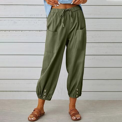 Women's High Waist Style Loose Pants Drawstring Capri Pants with Pockets Wide Leg Ankle Cropped Pants for Women in Kuwait