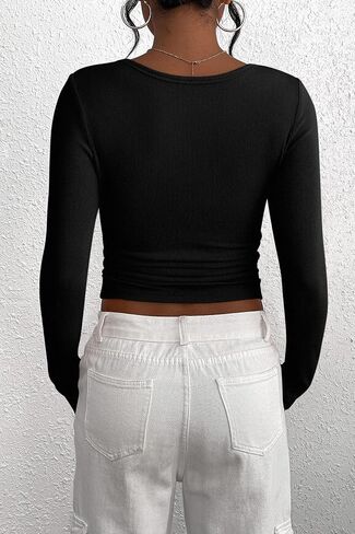 تي شيرت نسائي PRETTYGARDEN بأكمام طويلة 2024 من Henley بأزرار سفلية مضلعة ومتماسكة وبلوزة علوية أساسية غير رسمية in Kuwait