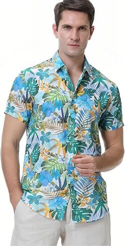 Men's Hawaiian Shirts Short Sleeve Summer Button Down Beach Shirt for Men, Vintage Tropical Floral Print Hawaiian Shirt Tops in Saudi Arabia