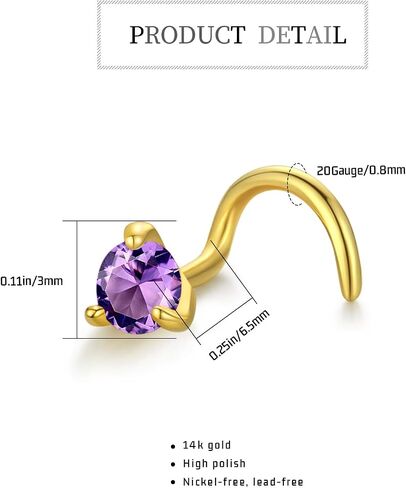 14k Gold Nose Rings Studs for Women Men 20g, Nose Stud With Twist Back 20 Gauge Nose Piercing Stud Birthstone Nose Ring Hypoallergenic Nose Nostril Piercing Jewelry February(Gold - Purple Amethyst) in Saudi Arabia