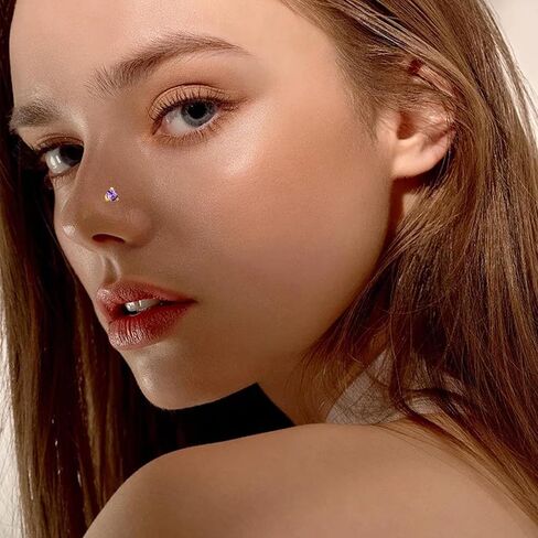 14k Gold Nose Rings Studs for Women Men 20g, Nose Stud With Twist Back 20 Gauge Nose Piercing Stud Birthstone Nose Ring Hypoallergenic Nose Nostril Piercing Jewelry February(Gold - Purple Amethyst) in Saudi Arabia