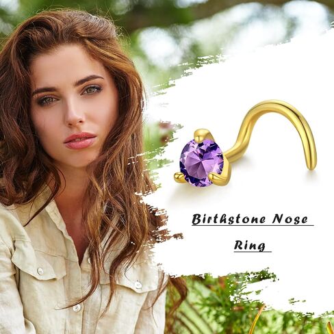 14k Gold Nose Rings Studs for Women Men 20g, Nose Stud With Twist Back 20 Gauge Nose Piercing Stud Birthstone Nose Ring Hypoallergenic Nose Nostril Piercing Jewelry February(Gold - Purple Amethyst) in Saudi Arabia