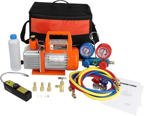 110V 1/4 HP 3.5CFM Single Stage Rotary Vane Air Vacuum Pump and R134a AC Manifold Gauge Set Kit with Carry Bag for HVAC Air Conditioning Refrigeration Recharging ETL Listed in Saudi Arabia
