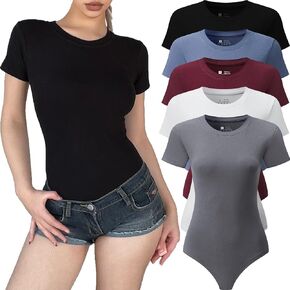 FMNNNN 5 Pack Body Suits for Womens, Ribbed Short Sleeve Crewneck Bodysuit for Women Basic T Shirt Bodysuit Shirts