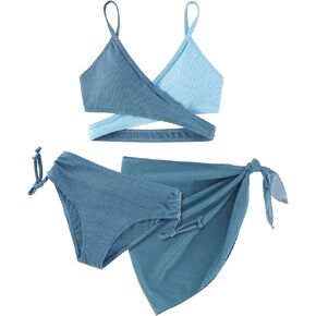 Girls Swimsuit 3 Piece Bathing Suits Criss Cross Color Block with Skirts Cover Up Bikini Set Girls' Swimwear 9-14 Years