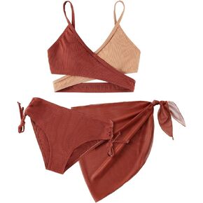 Girls Swimsuit 3 Piece Bathing Suits Criss Cross Color Block with Skirts Cover Up Bikini Set Girls' Swimwear 9-14 Years