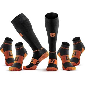 Multi-Length Trail Running Sock Bundle - 1 Pair of Premium Tall Compression Socks + 2 Pairs of Quarter Length Trail Running Socks (Black/Orange, Small)