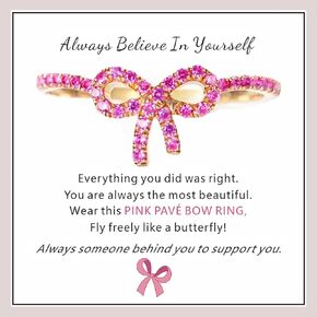 Pink Pavé Bow Ring for Women, S925 Dainty 14k Gold Plated Bow CZ Pave Rings Cubic Zirconia Tie Knot Valentines Day Christmas Trendy Delicate Jewelry Gifts Ideas for Teen Girls Friends Mom